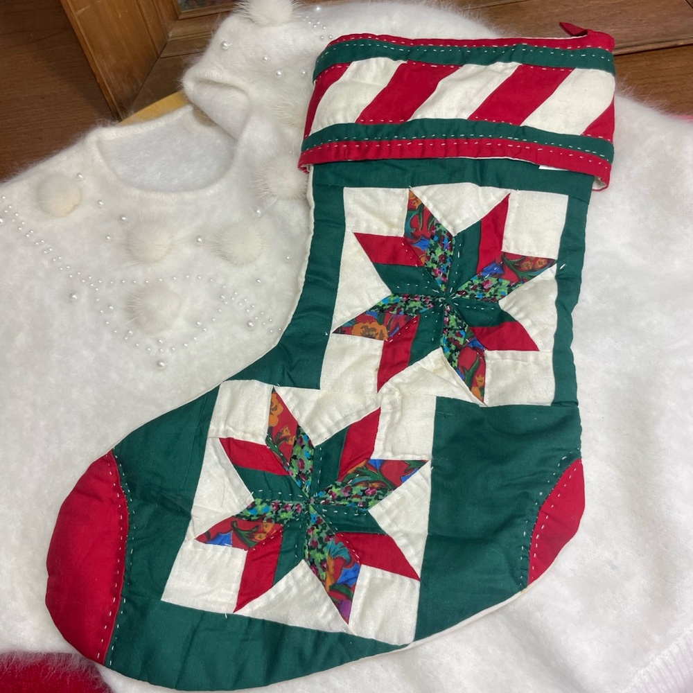 Vintage Cotton Hand Quilted Star Christmas Stocking - Red, Green, and White NOS